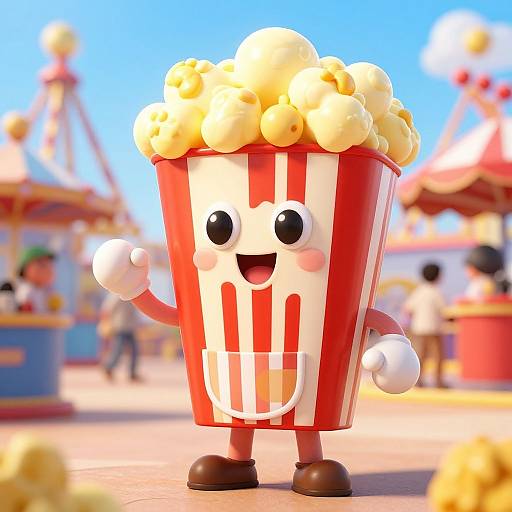 CGI cartoon of a cheerful, anthropomorphic red and white striped popcorn bucket with black eyes, white gloves, and brown shoes, standing in a bright