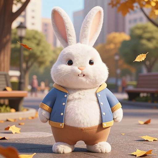 CGI image of a fluffy white rabbit in a blue jacket and brown pants, standing on a sunny autumn park path with falling leaves.