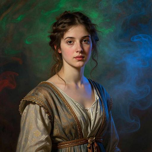 Photorealistic portrait of a young woman with fair skin, dark wavy hair, and brown eyes, wearing a vintage, embroidered dress against a colorful