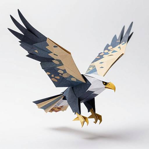 Paper-crafted eagle in mid-flight, featuring black and beige wings with white spots, a yellow beak, and sharp talons, against a white