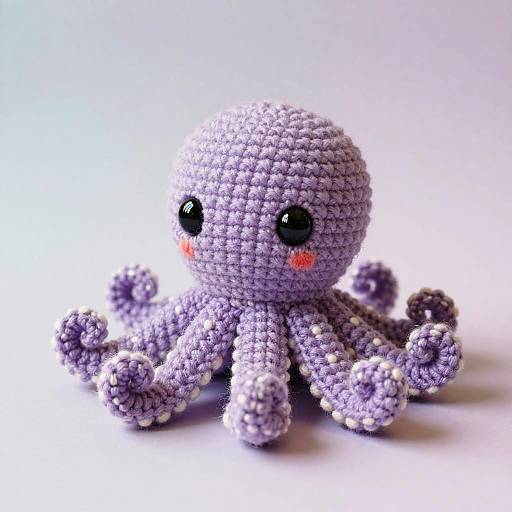 Adorable, purple, crocheted octopus with black eyes, red cheeks, and textured tentacles, set against a white background. Photographed
