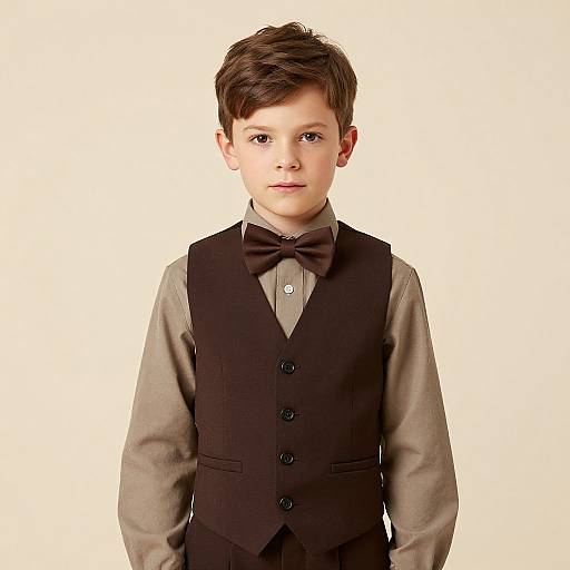 Photograph of a young boy with short brown hair, wearing a brown vest, gray shirt, and matching bow tie, standing against a plain white background