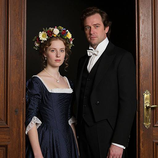 Photograph of a Victorian-era couple; woman in blue dress with white lace, flower crown, and necklace; man in black suit, white bow tie