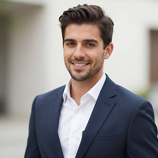 Photograph of a smiling, dark-haired, bearded man in a dark blue suit with a white dress shirt, standing outdoors against a blurred white background