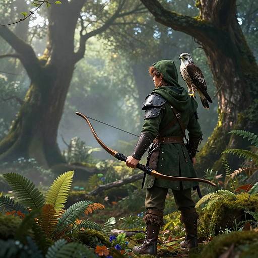 A medieval archer with a green hood and owl on his shoulder stands in a sunlit, dense forest, holding a bow. Digital fantasy artwork.