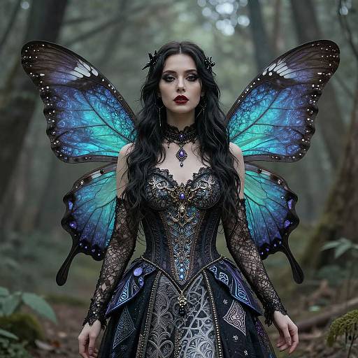 Digital art of a pale-skinned, dark-haired fairy with blue and black butterfly wings, wearing an ornate black lace and blue corset in a