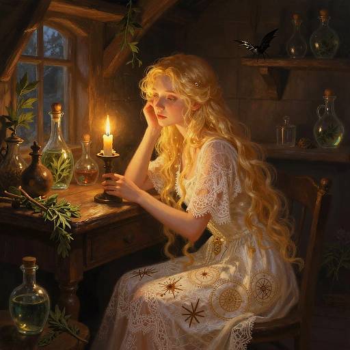 Digital painting of a blonde woman with long curls, wearing a white lace dress, sitting in a dimly lit wooden room, illuminating candles, surrounded