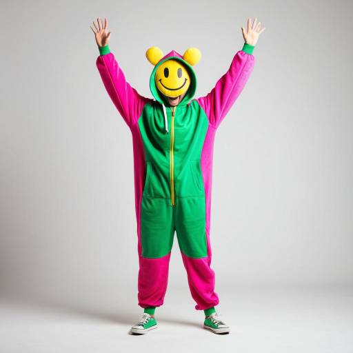 Person in Pink and Green Cartoon Costume with Smiley Face