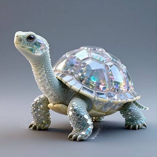 Photorealistic CGI of a shimmering, iridescent turtle with a crystal-like, multicolored shell, textured gray skin, and a neutral