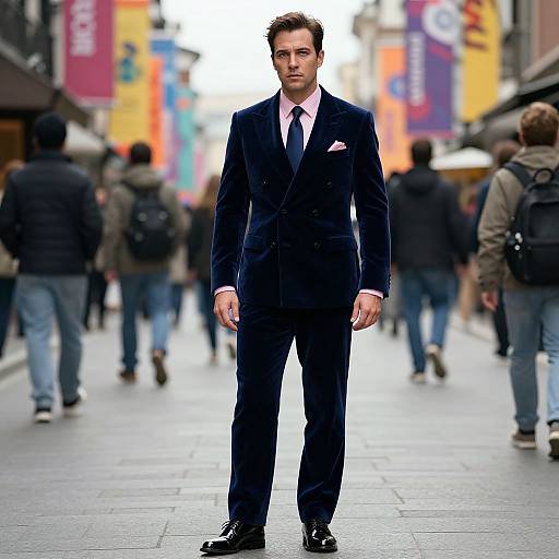 Confident Man in Midnight Blue Velvet Suit