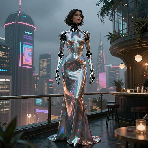 Noir Robosexual in Neon Rooftop Greenhouse