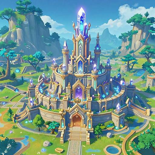 Vibrant digital artwork of a glowing blue crystal castle with spires, set in a lush, mountainous landscape with winding paths and trees.