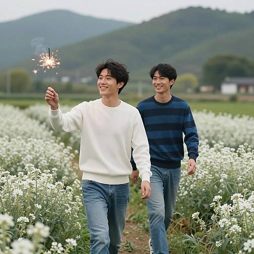 Two Men Walking in Flower Field with Sparkler
