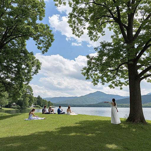 Photograph of a sunny park with green grass, tall trees, a lake, and mountains. Couples sit on blankets, while a bride in a white