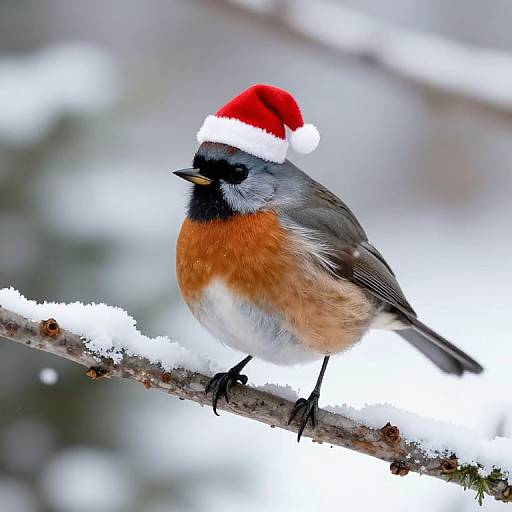 Photograph of a red-breasted blackbird wearing a Santa hat, perched on a snow-covered branch, with a blurred winter background.
