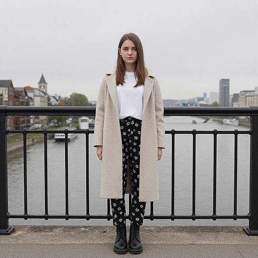 Photograph of a young woman with straight brown hair, wearing a beige long coat, white top, black star-patterned pants, and black boots,