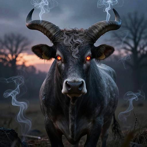 Digital artwork of a demonic black bull with glowing orange eyes, curved horns, and wisps of smoke, set against a dark, eerie forest at sunset