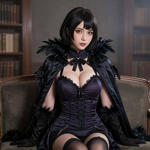 Photorealistic digital artwork of an Asian woman with black bob hair, wearing a black lace corset, fur-trimmed cape, gloves, and