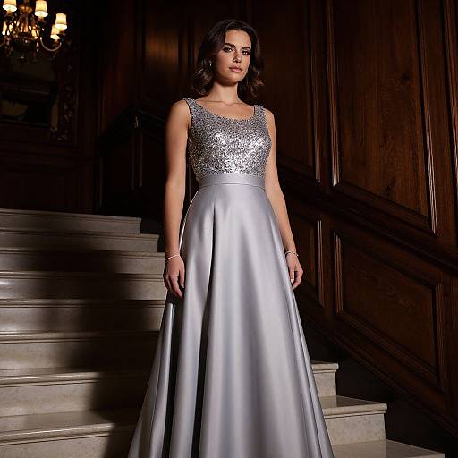 Photograph of a woman with dark wavy hair in a silver, glittery sleeveless gown with a satin skirt, standing on dimly lit wooden