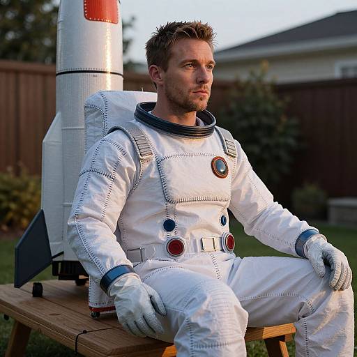 Photograph of a handsome, bearded man in a white astronaut suit, sitting on a wooden bench beside a model rocket. Outdoor setting, dusk lighting