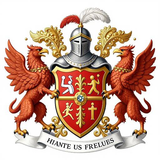 Colorful heraldic coat of arms with red griffins, silver knight's helmet, ornate red shield, and 