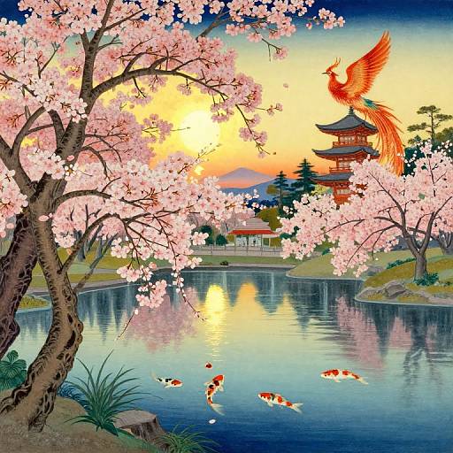 Ukiyo-e Nature Scene with Phoenix