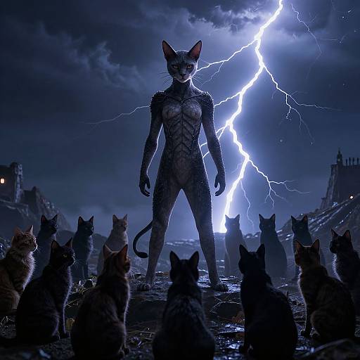 Digital artwork of a tall, muscular, anthropomorphic cat with a lightning bolt background, standing amidst silhouetted cats, in a dark, storm