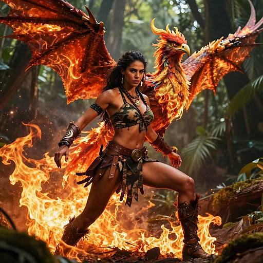 Digital fantasy artwork of a fierce, dark-haired warrior woman with fiery dragon wings, wearing tribal armor, standing amidst a forest fire.