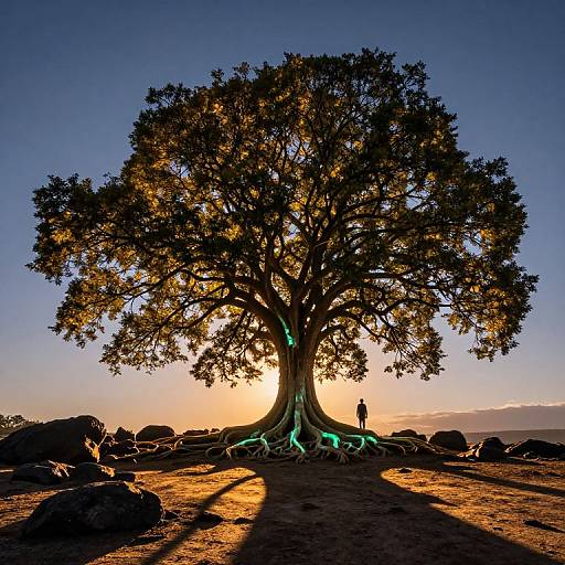 Photograph of a large, silhouetted tree with glowing green roots at sunset, a person standing beneath, rocks scattered around.