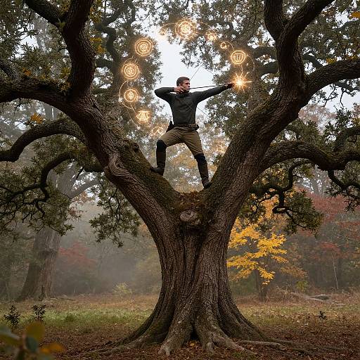 Photograph of a man in black shirt and brown pants, standing on a large tree, holding glowing, circular light orbs above his head in a fog