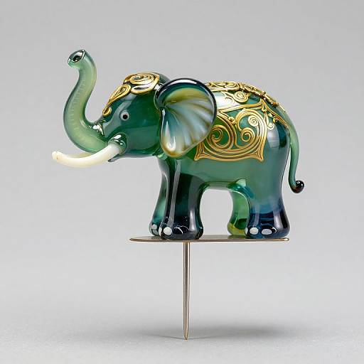 Photograph of a glass elephant statue with green and blue hues, adorned with gold ornate patterns, standing on a slender metal stand.