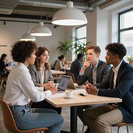 Photograph of four diverse, professionally dressed individuals seated around a wooden table in a modern, brightly lit office, engaged in discussion, with laptop and coffee