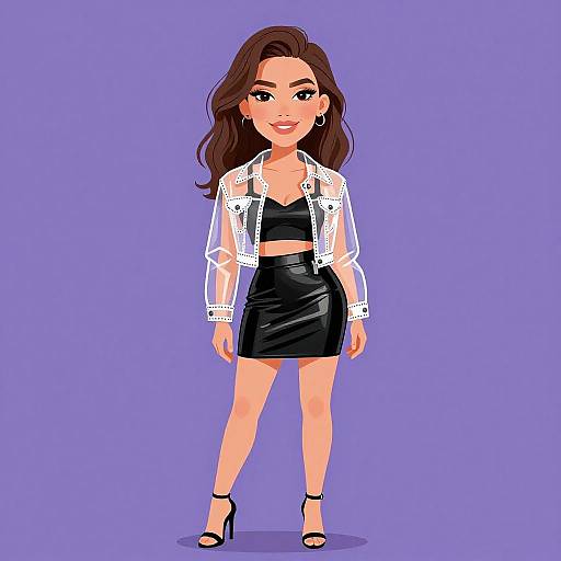 Digital illustration of a smiling woman with long brown hair, wearing a white lace jacket, black crop top, black leather skirt, and black high heels,
