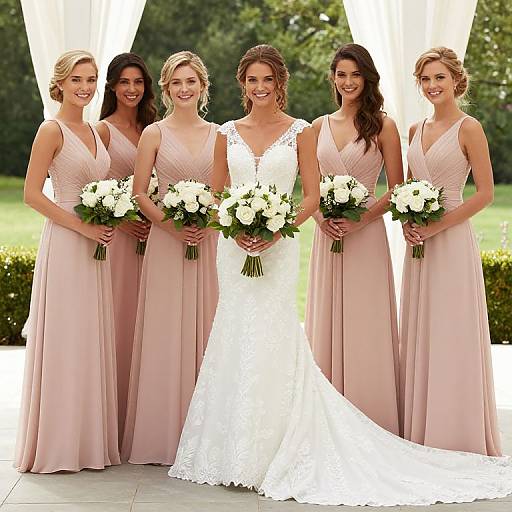 Photograph of five smiling bridesmaids in pink dresses and a bride in a white lace gown, holding white flower bouquets, standing outdoors against white curtains