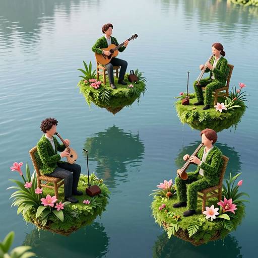 Four men in green suits, playing instruments on floating grass islands with flowers, surrounded by calm water in a digital art style.