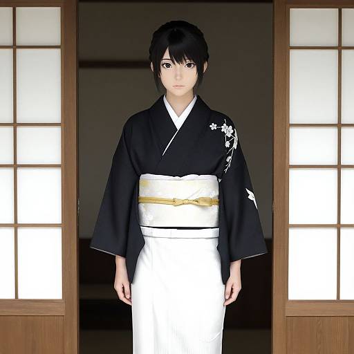 Digital artwork of a young Japanese woman in a black kimono with white obi, standing in front of wooden shoji doors.
