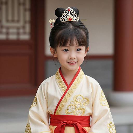 Photograph of a young Asian girl with dark hair in a double bun, wearing a white and gold floral kimono with a red obi, smiling