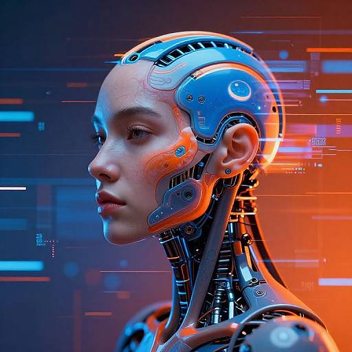 Digital art of a bald, cybernetic human with glowing blue and orange circuitry, sleek metallic headgear, and futuristic background.