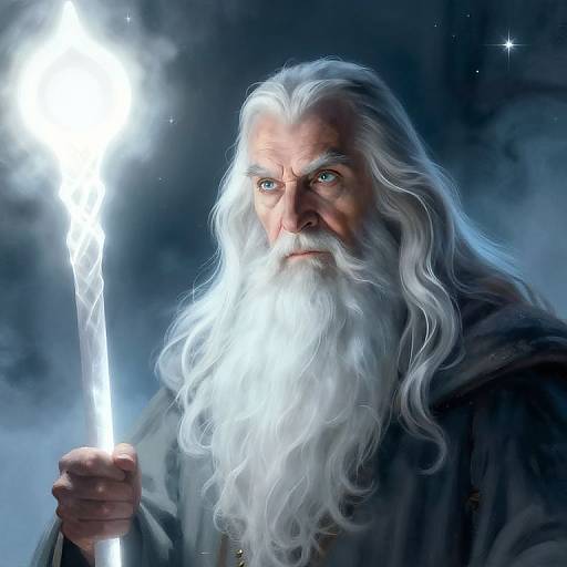 Digital artwork of a wise, elderly wizard with long white beard, piercing blue eyes, and glowing white staff, set against a dark, starry background