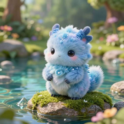Cute, fluffy, blue and white digital creature with small horns and big eyes, holding a blue bead, sits on mossy rock in a sunny