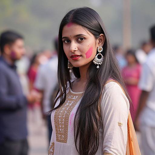 Photograph of an Indian woman with long black hair, wearing a white embroidered kurta, red bindi, and ornate earrings, standing in a