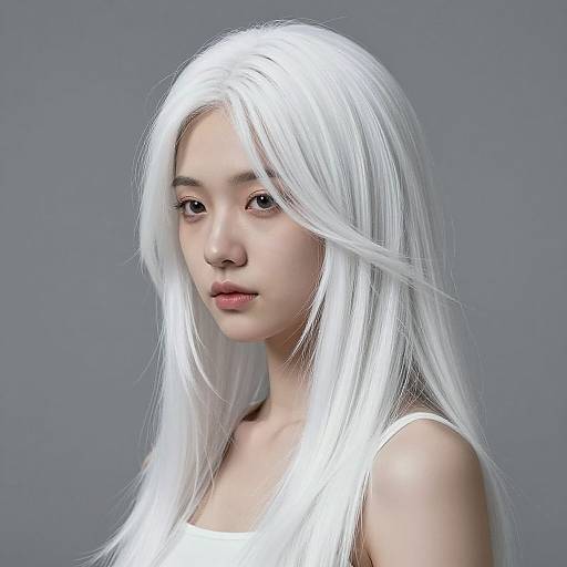 Digital CGI portrait of an Asian woman with long, white, straight hair, wearing a white tank top, against a gray background.