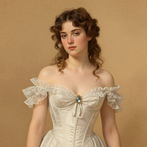 Digital portrait of a young woman with curly brown hair, wearing an off-shoulder, white, lace-trimmed, corset-style dress with