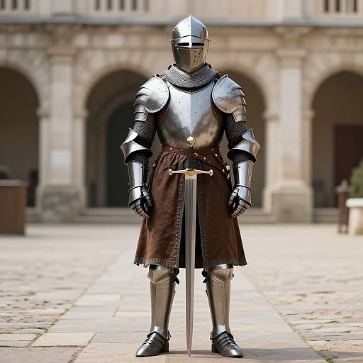 Photorealistic CGI of a medieval knight in full shiny silver armor, brown tunic, and black boots, holding a sword upright, standing in a