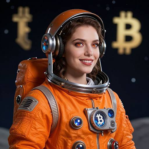 Photorealistic CGI of a smiling woman in an orange spacesuit with Bitcoin logos, wearing a helmet, against a black starry background with large Bitcoin