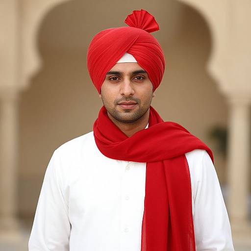 Photograph of a South Asian man with dark skin, red turban, red scarf, white shirt, standing in front of a beige archway.