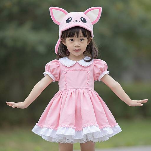 Photograph of an Asian girl with black hair, wearing a pink cat-eared hat and pink dress with white lace trim, standing outdoors with arms out