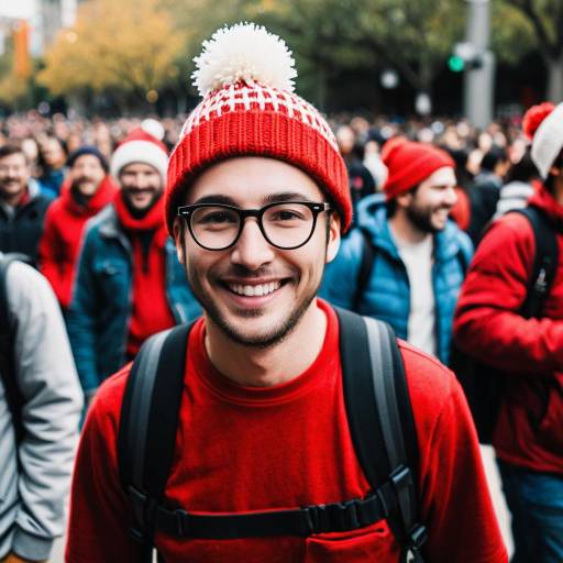 Smiling Man in Red Beanie at Crowd Event