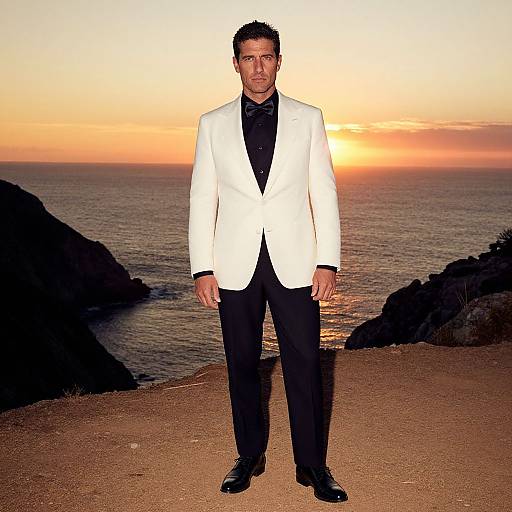 Photograph of a man with short dark hair, wearing a white suit, black shirt, and black pants, standing on a beach at sunset with rocky