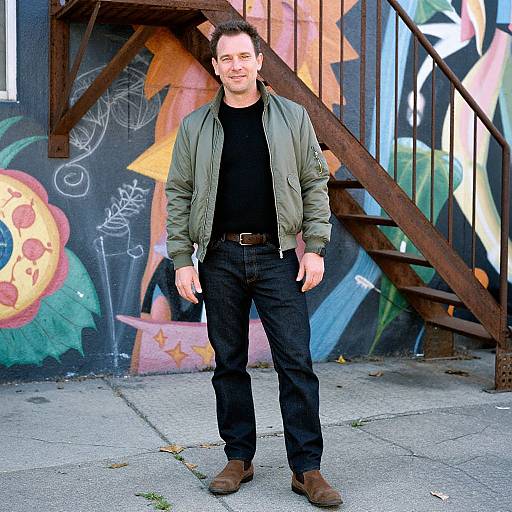 Photograph of a smiling, medium-build man with short brown hair, wearing a green jacket, black shirt, jeans, and brown shoes, standing in